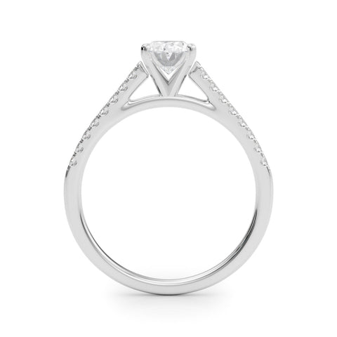 Platinum Oval Cut Solitaire Diamond Ring with Pave Band and Four-Prong Setting