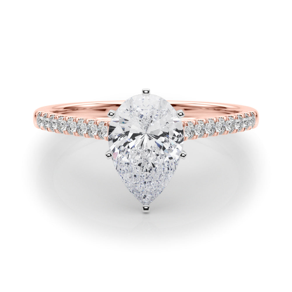 Rose gold Pear Cut Solitaire Diamond Ring with Pave Band and Four-Prong Setting