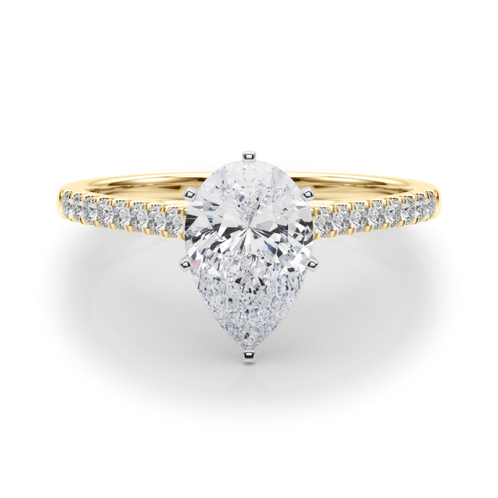 Yellow gold Pear Cut Solitaire Diamond Ring with Pave Band and Four-Prong Setting