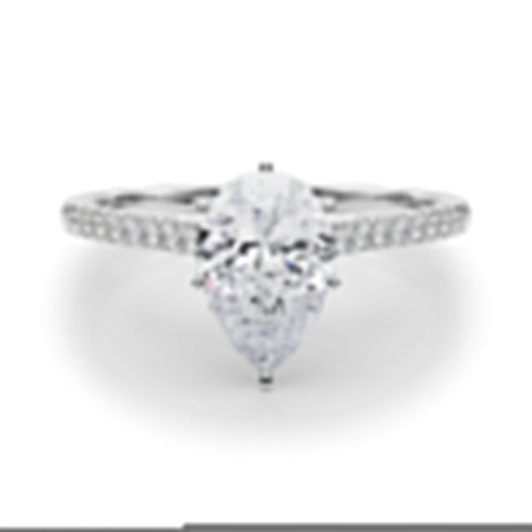 Platinum Pear Cut Solitaire Diamond Ring with Pave Band and Four-Prong Setting