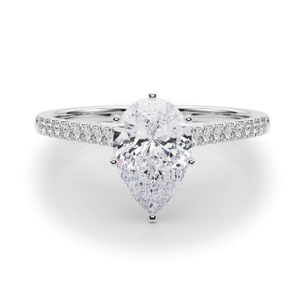 White gold Pear Cut Solitaire Diamond Ring with Pave Band and Four-Prong Setting