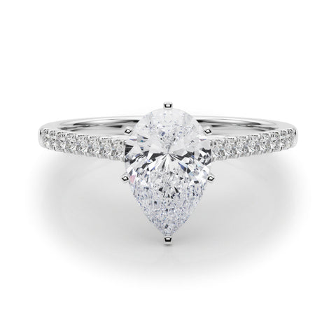 White gold Pear Cut Solitaire Diamond Ring with Pave Band and Four-Prong Setting