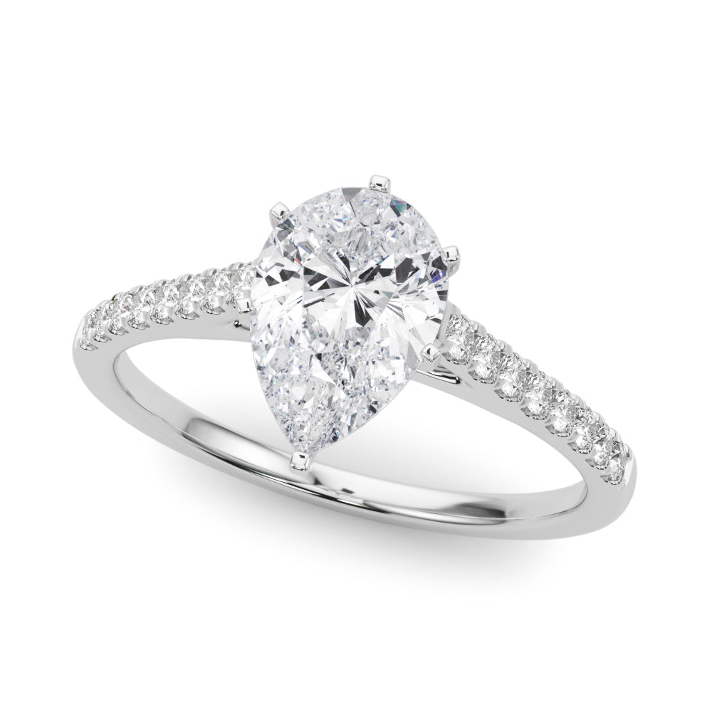 White gold Pear Cut Solitaire Diamond Ring with Pave Band and Four-Prong Setting