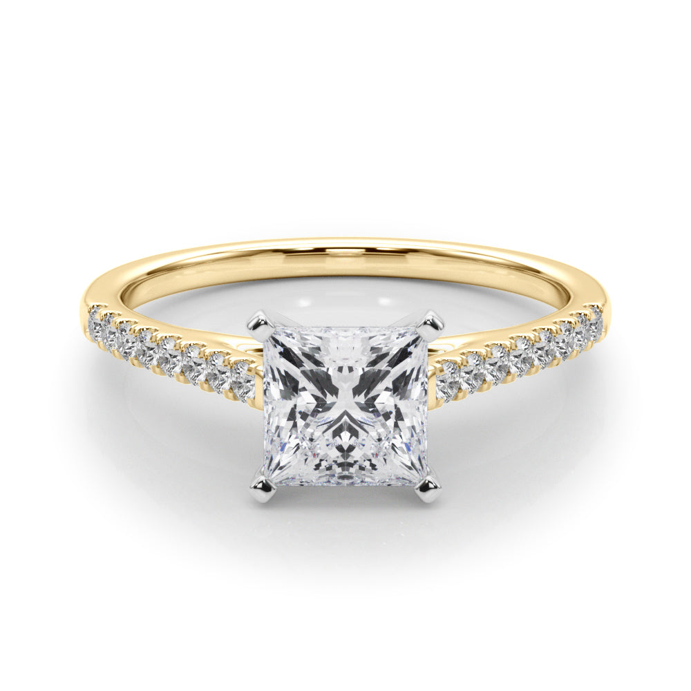 Yellow gold Princess Cut Solitaire Diamond Ring with Pave Band and Four-Prong Setting