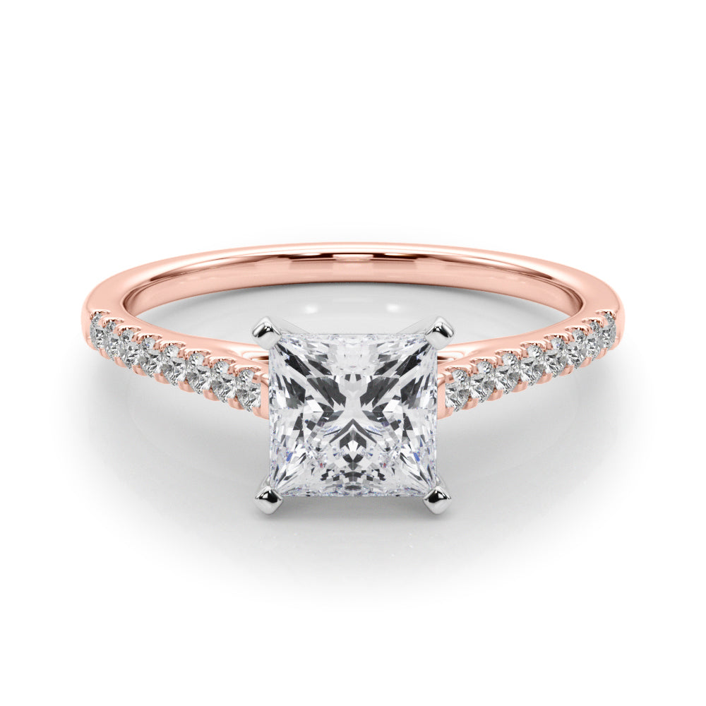 Rose gold Princess Cut Solitaire Diamond Ring with Pave Band and Four-Prong Setting