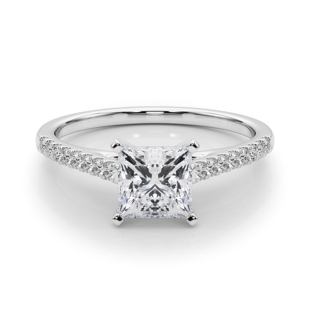 White gold Princess Cut Solitaire Diamond Ring with Pave Band and Four-Prong Setting