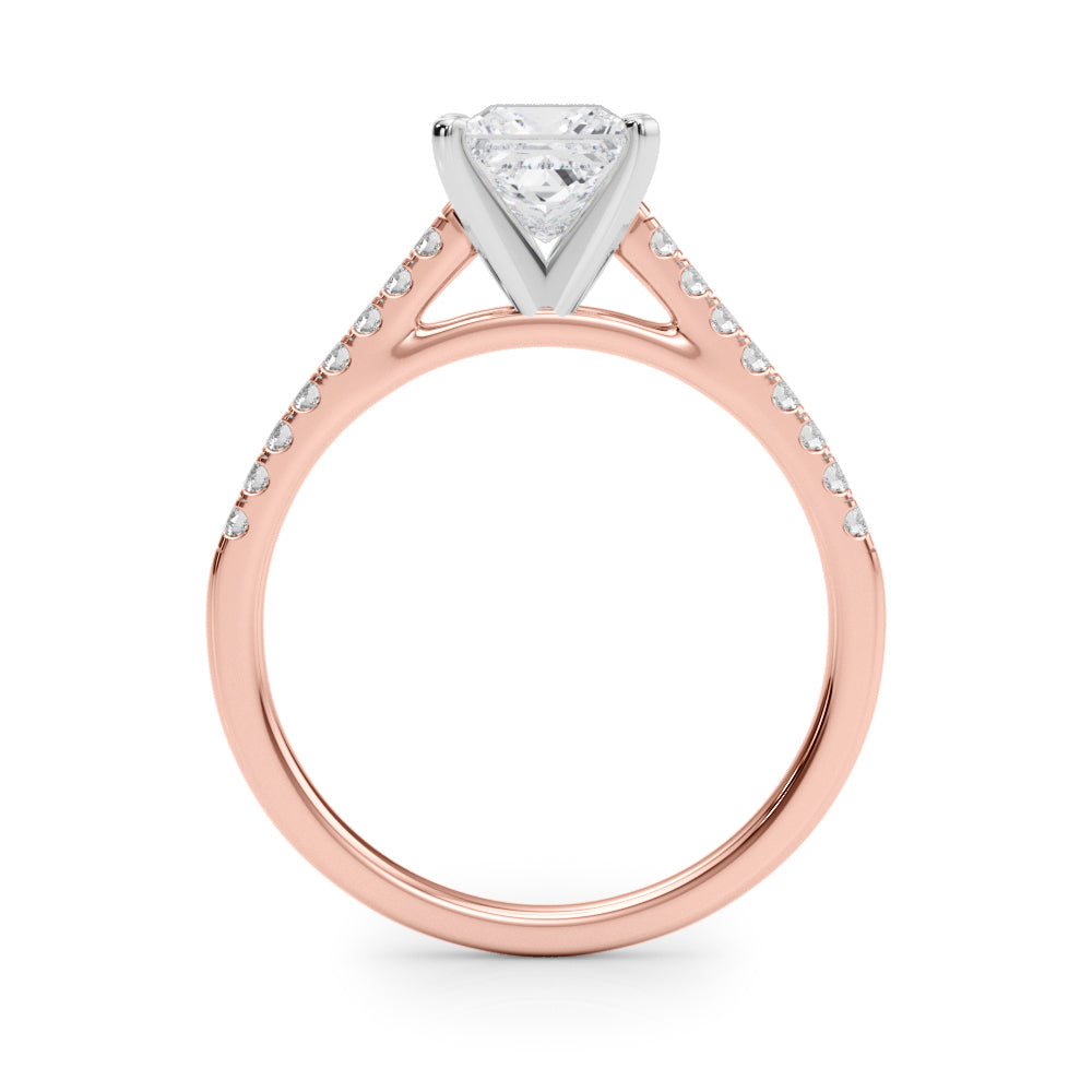 Rose gold Princess Cut Solitaire Diamond Ring with Pave Band and Four-Prong Setting