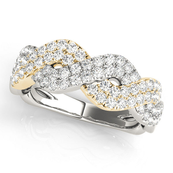 Yellow gold Pave Round Diamond Infinity Twist Band with Shared Prong Setting