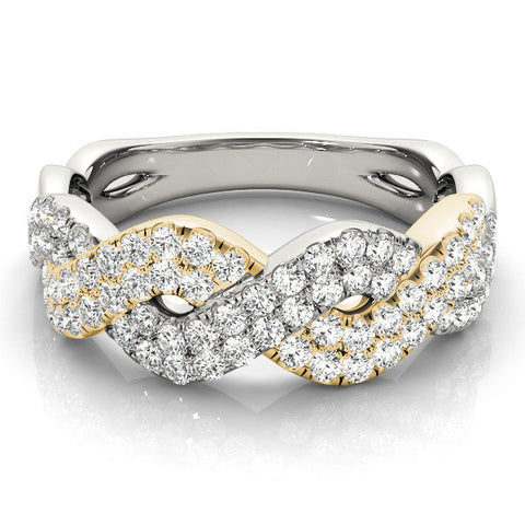 Yellow gold Pave Round Diamond Infinity Twist Band with Shared Prong Setting