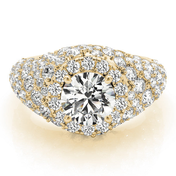Yellow gold Round Cut Diamond Halo Pave Band Prong Setting Ring