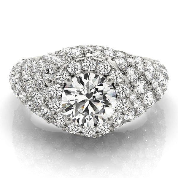 Silver Round Cut Diamond Halo Pave Band Prong Setting Ring
