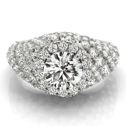 Silver Round Cut Diamond Halo Pave Band Prong Setting Ring