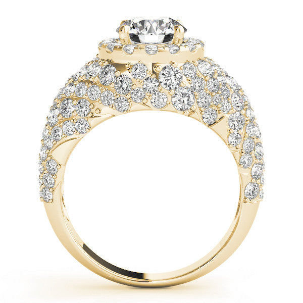 Yellow gold Round Cut Diamond Halo Pave Band Prong Setting Ring