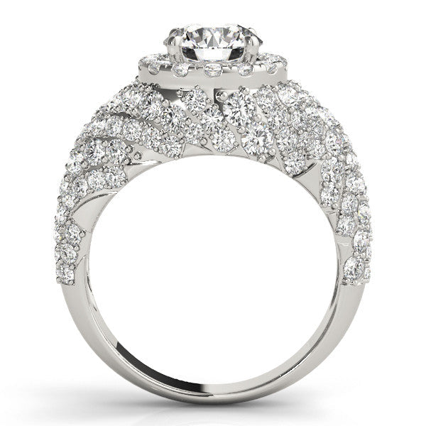 Platinum Round Cut Diamond Halo Pave Band Prong Setting Ring