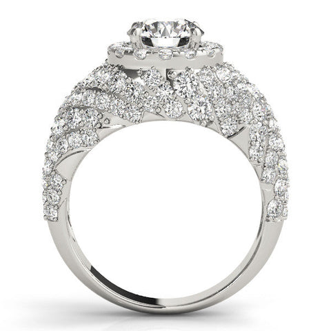Platinum Round Cut Diamond Halo Pave Band Prong Setting Ring