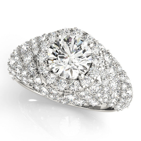 Platinum Round Cut Diamond Halo Pave Band Prong Setting Ring