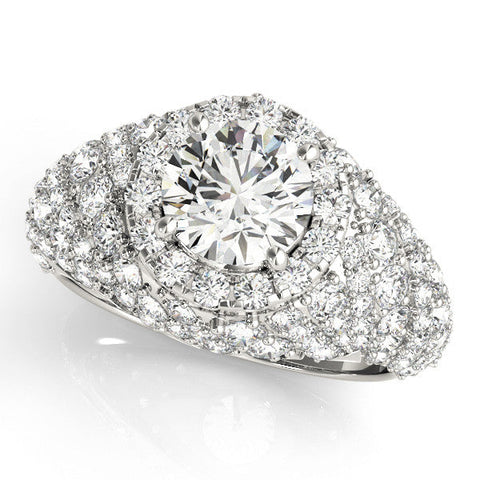 Platinum Round Cut Diamond Halo Pave Band Prong Setting Ring