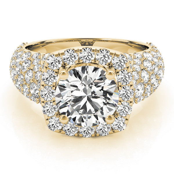 Yellow gold Round Halo Pave Diamond Engagement Ring with Four-Prong Setting