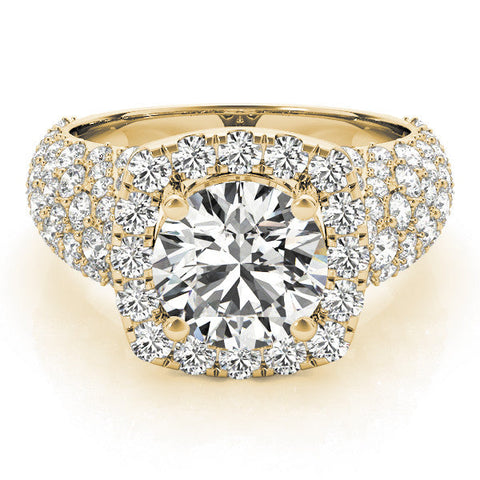 Yellow gold Round Halo Pave Diamond Engagement Ring with Four-Prong Setting