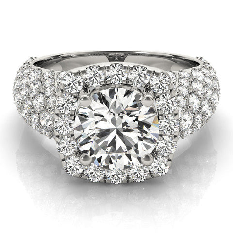 Platinum Round Halo Pave Diamond Engagement Ring with Four-Prong Setting