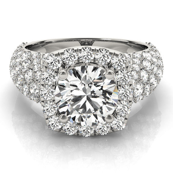 White gold Round Halo Pave Diamond Engagement Ring with Four-Prong Setting