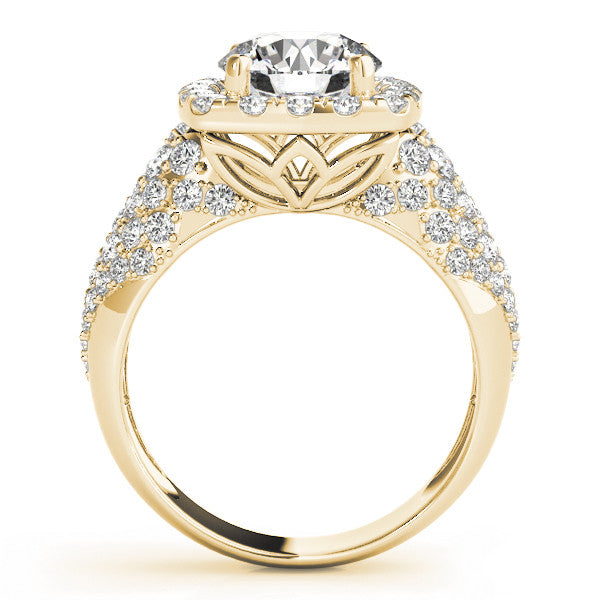 Yellow gold Round Halo Pave Diamond Engagement Ring with Four-Prong Setting