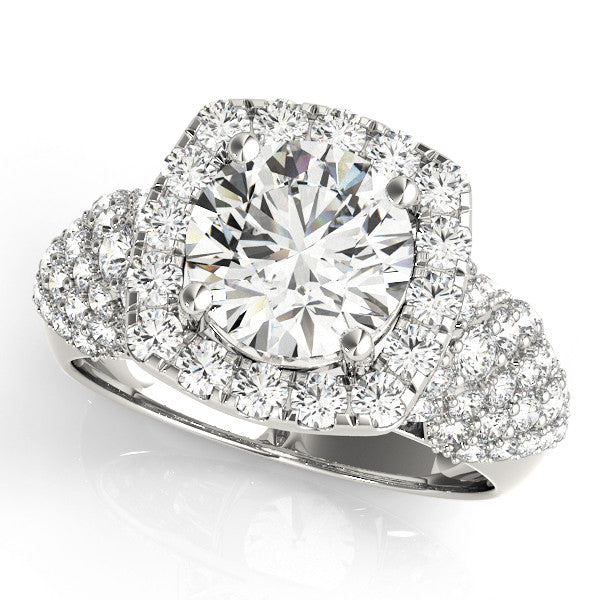 Platinum Round Halo Pave Diamond Engagement Ring with Four-Prong Setting