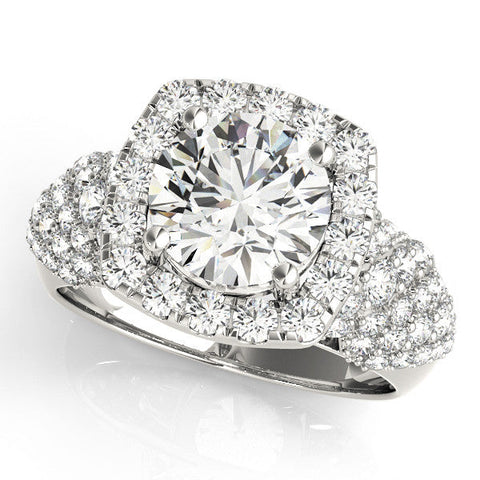 Platinum Round Halo Pave Diamond Engagement Ring with Four-Prong Setting