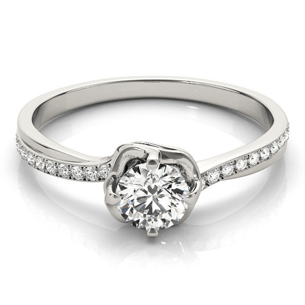 Silver Round Solitaire Diamond Ring with Pavé Band and Four-Prong Setting