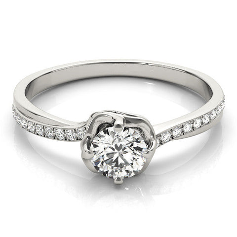 White gold Round Solitaire Diamond Ring with Pavé Band and Four-Prong Setting