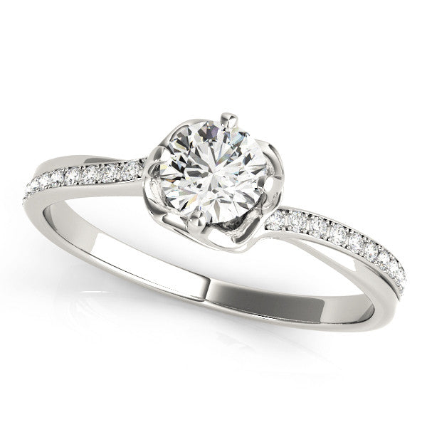Silver Round Solitaire Diamond Ring with Pavé Band and Four-Prong Setting