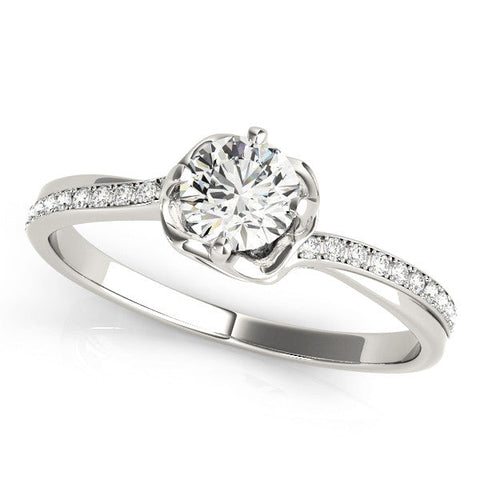 White gold Round Solitaire Diamond Ring with Pavé Band and Four-Prong Setting