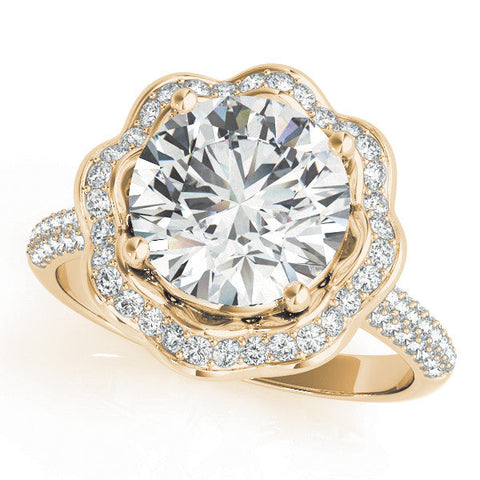 Yellow gold Round Halo Diamond Floral Pave Band Ring with Four-Prong Setting