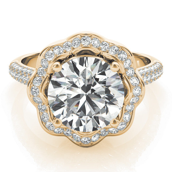 Yellow gold Round Halo Diamond Floral Pave Band Ring with Four-Prong Setting