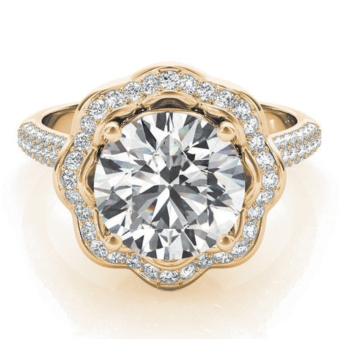 Yellow gold Round Halo Diamond Floral Pave Band Ring with Four-Prong Setting