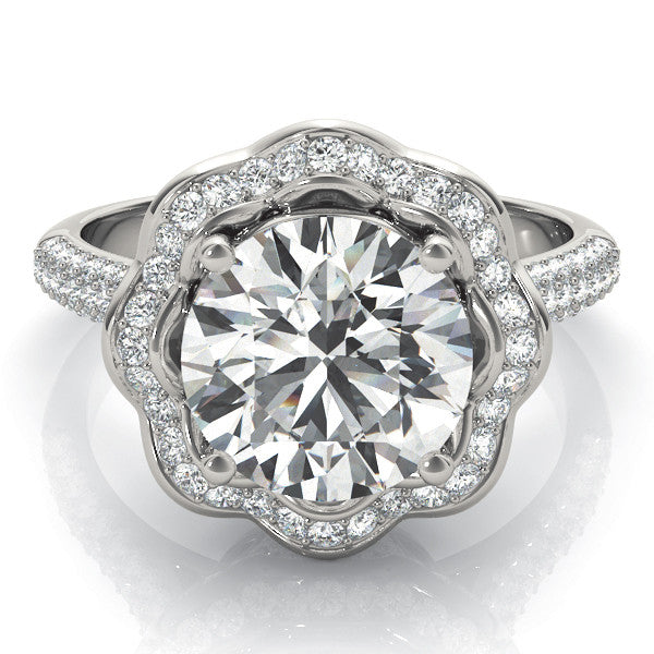 Platinum Round Halo Diamond Floral Pave Band Ring with Four-Prong Setting