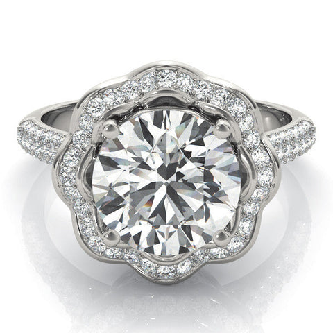 Platinum Round Halo Diamond Floral Pave Band Ring with Four-Prong Setting