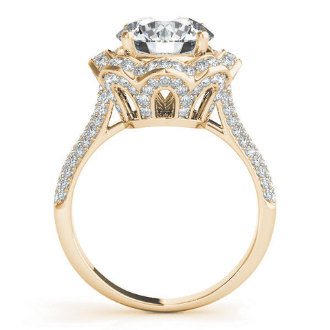 Yellow gold Round Halo Diamond Floral Pave Band Ring with Four-Prong Setting