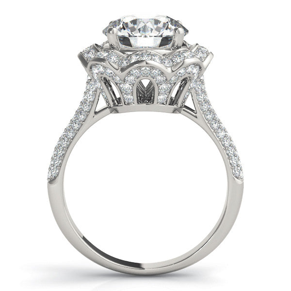 Platinum Round Halo Diamond Floral Pave Band Ring with Four-Prong Setting