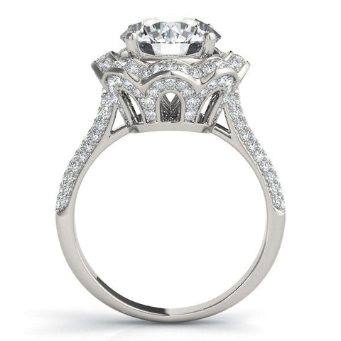 Platinum Round Halo Diamond Floral Pave Band Ring with Four-Prong Setting