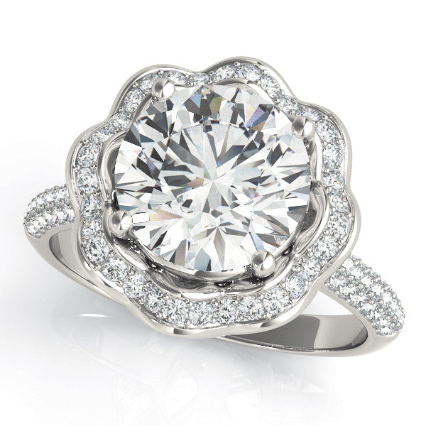 Platinum Round Halo Diamond Floral Pave Band Ring with Four-Prong Setting