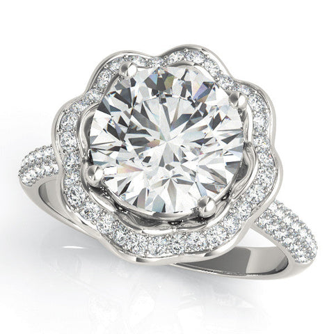 Platinum Round Halo Diamond Floral Pave Band Ring with Four-Prong Setting