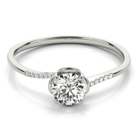 Silver Round Solitaire Diamond Ring with Pave Band and Four-Prong Setting