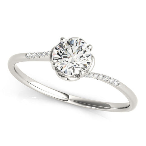 Silver Round Solitaire Diamond Ring with Pave Band and Four-Prong Setting