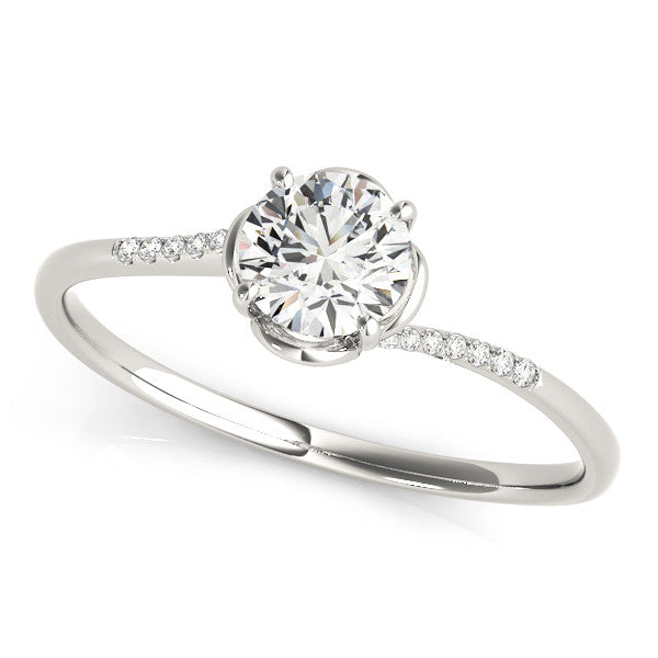 Platinum Round Solitaire Diamond Ring with Pave Band and Four-Prong Setting