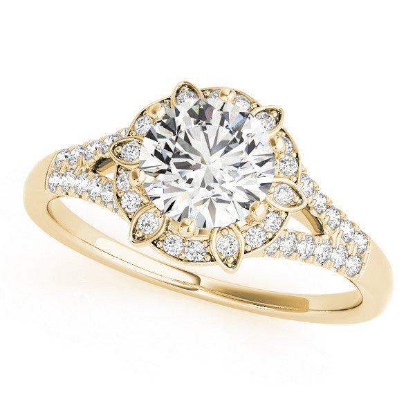 Yellow gold Round Brilliant Halo Flower Split Shank Prong Setting Ring