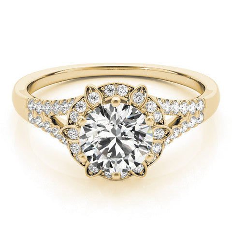 Yellow gold Round Brilliant Halo Flower Split Shank Prong Setting Ring