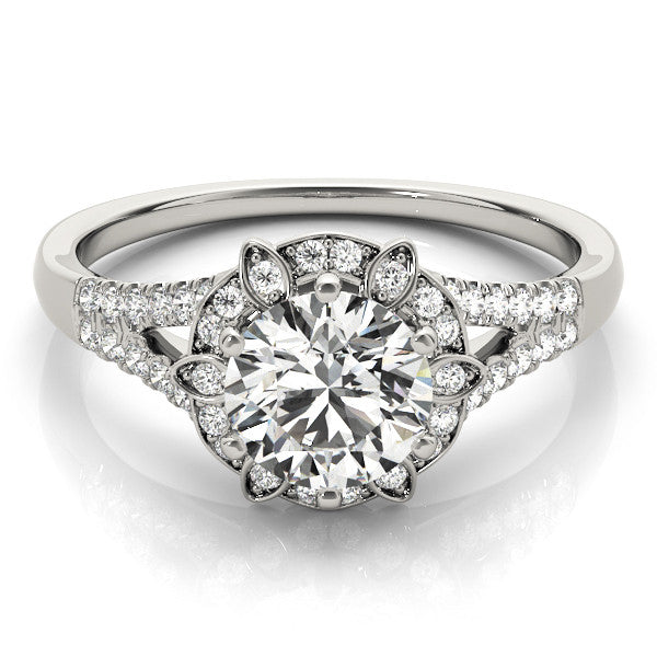 White gold Round Brilliant Halo Flower Split Shank Prong Setting Ring
