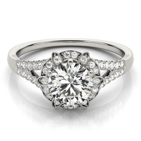 White gold Round Brilliant Halo Flower Split Shank Prong Setting Ring