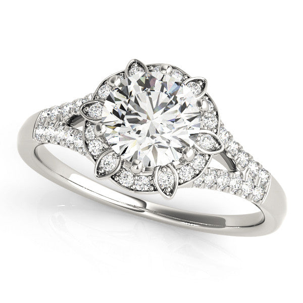 Silver Round Brilliant Halo Flower Split Shank Prong Setting Ring